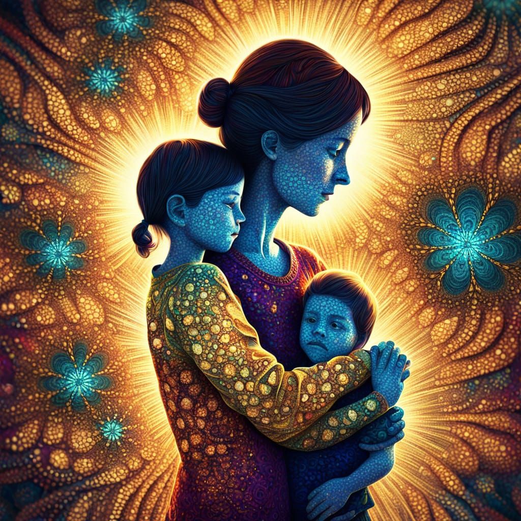 Mother and Child Portrait in Fractal Stipple Style