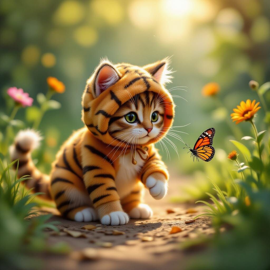 Fluffy Cat in Tiger Costume Stalks Butterfly