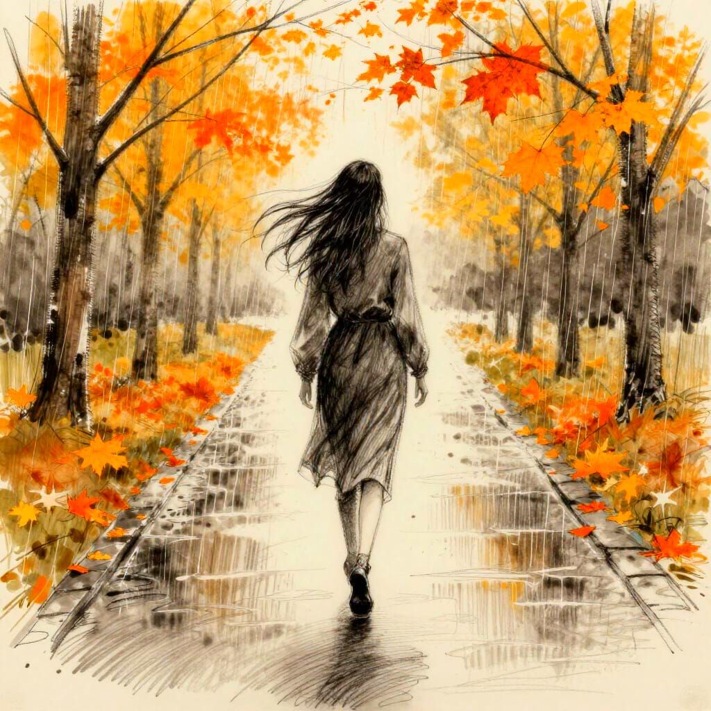 Minimalist Charcoal Sketch of Autumn Haired Woman on Rainy P...