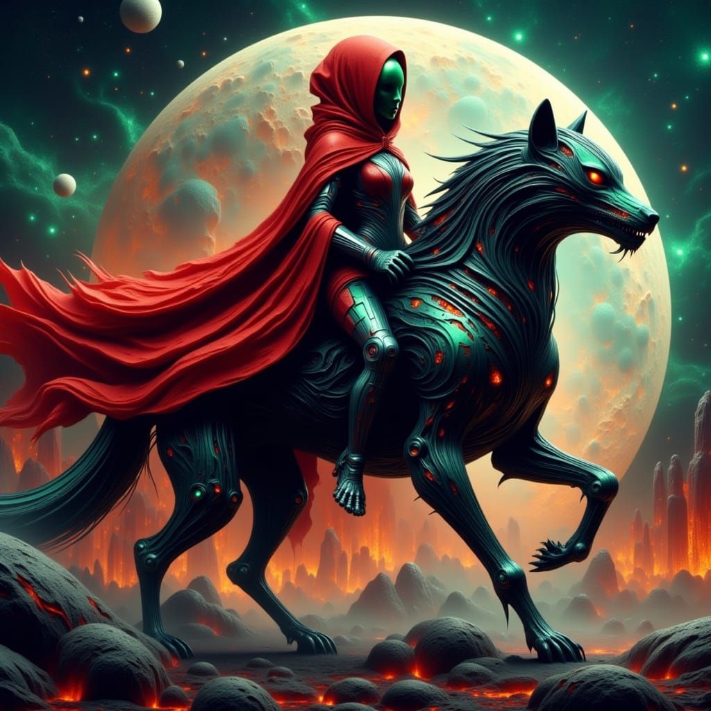 Android Lady Rides Robotic Wolf in Sci-Fi Forest