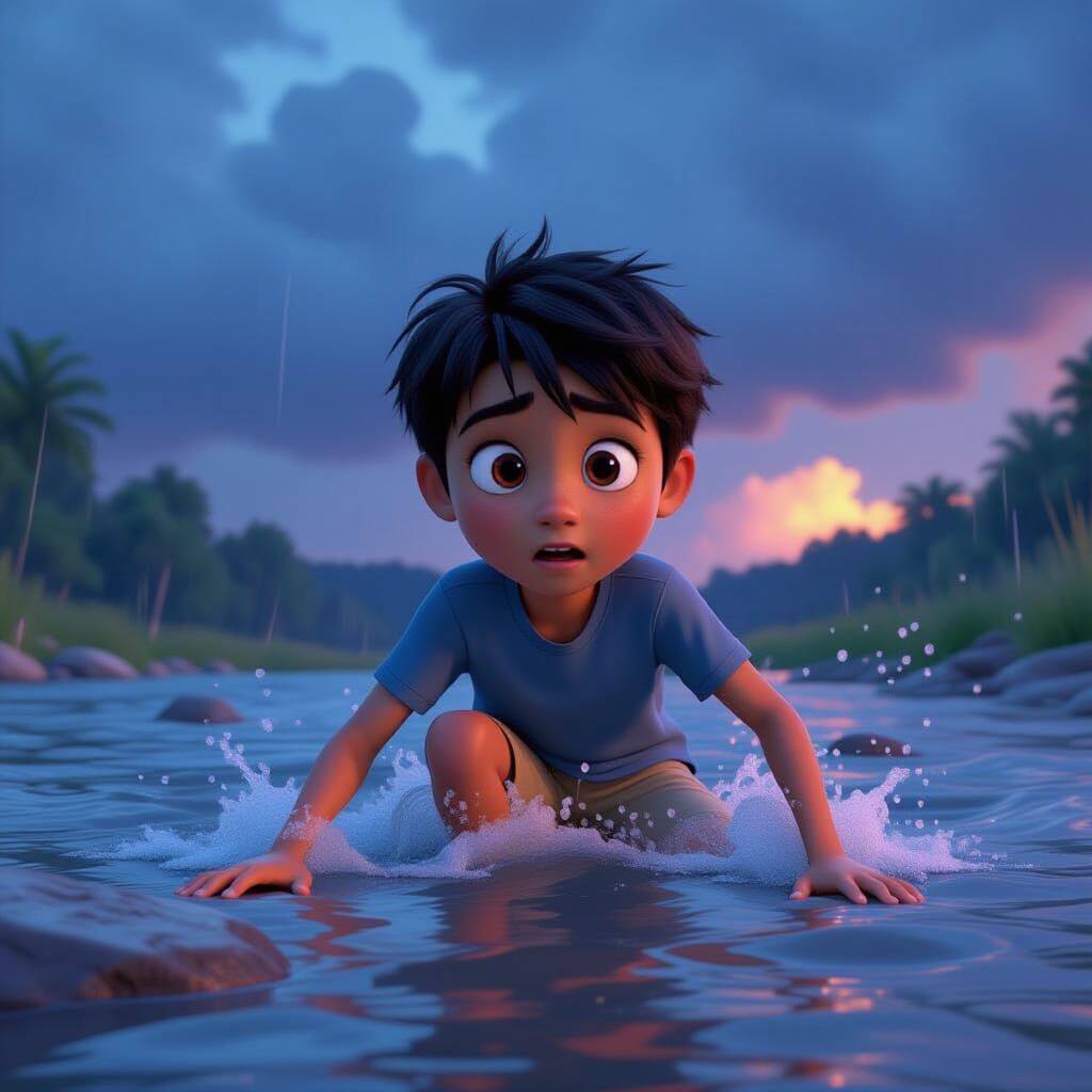 Boy Falls into Rushing Water on Stormy Riverbank