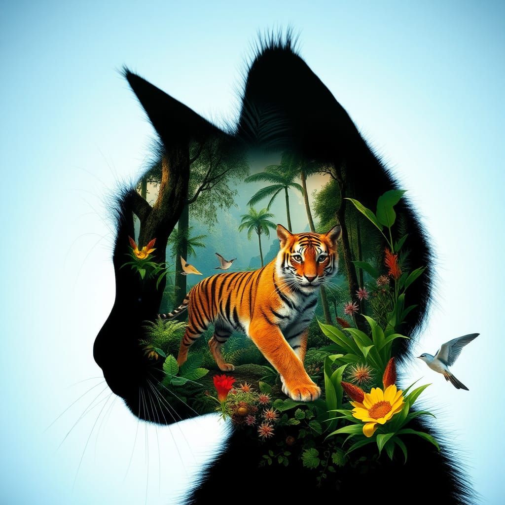 Whimsical Jungle Scene Unfolds from Kitten's Silhouette