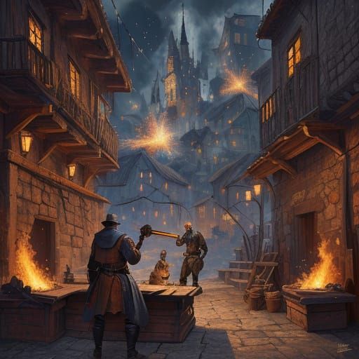 Blacksmith Forging Glowing Sword in Warm, Dramatic Light