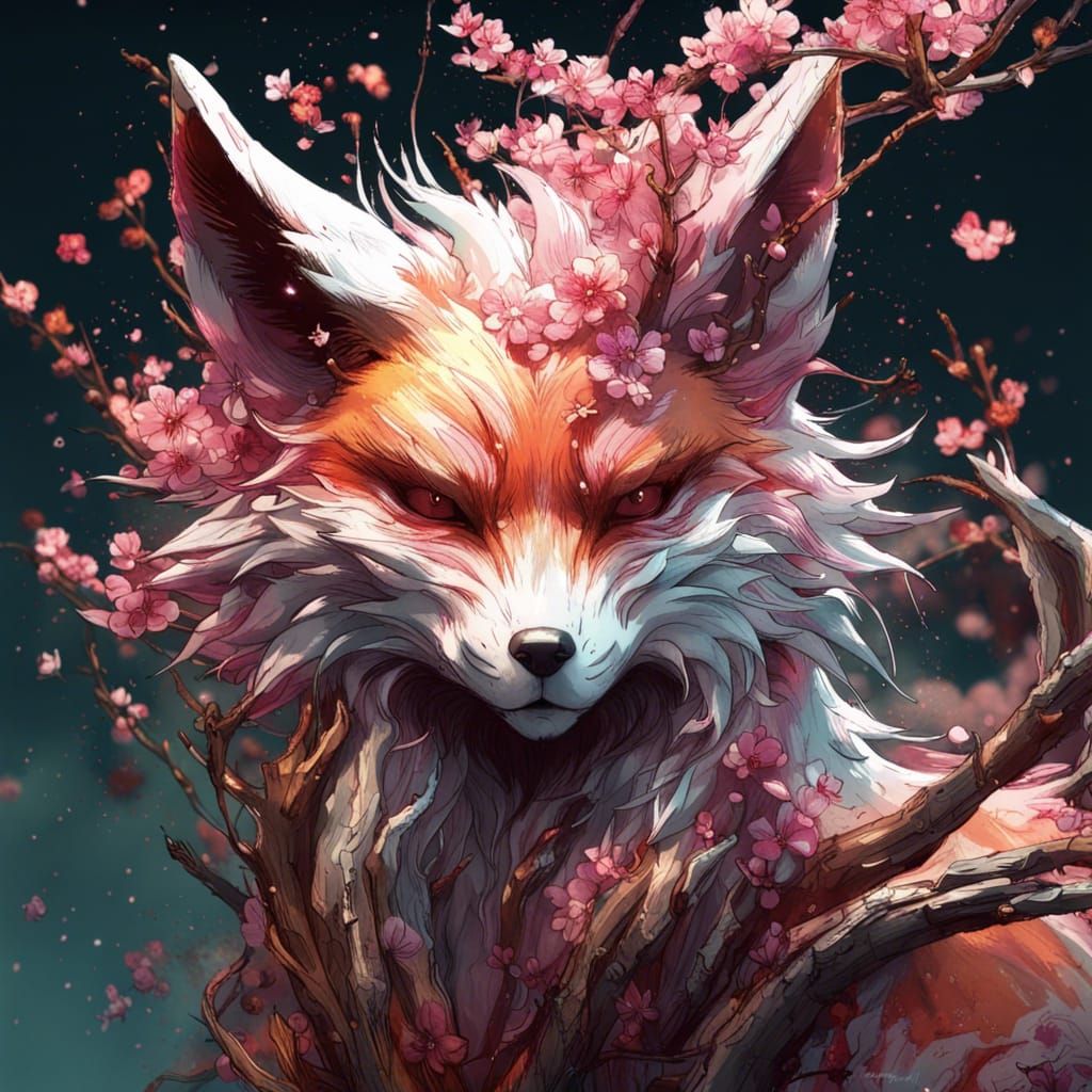 Surreal Kitsune Goddess Emerges Amidst Cherry Blossoms