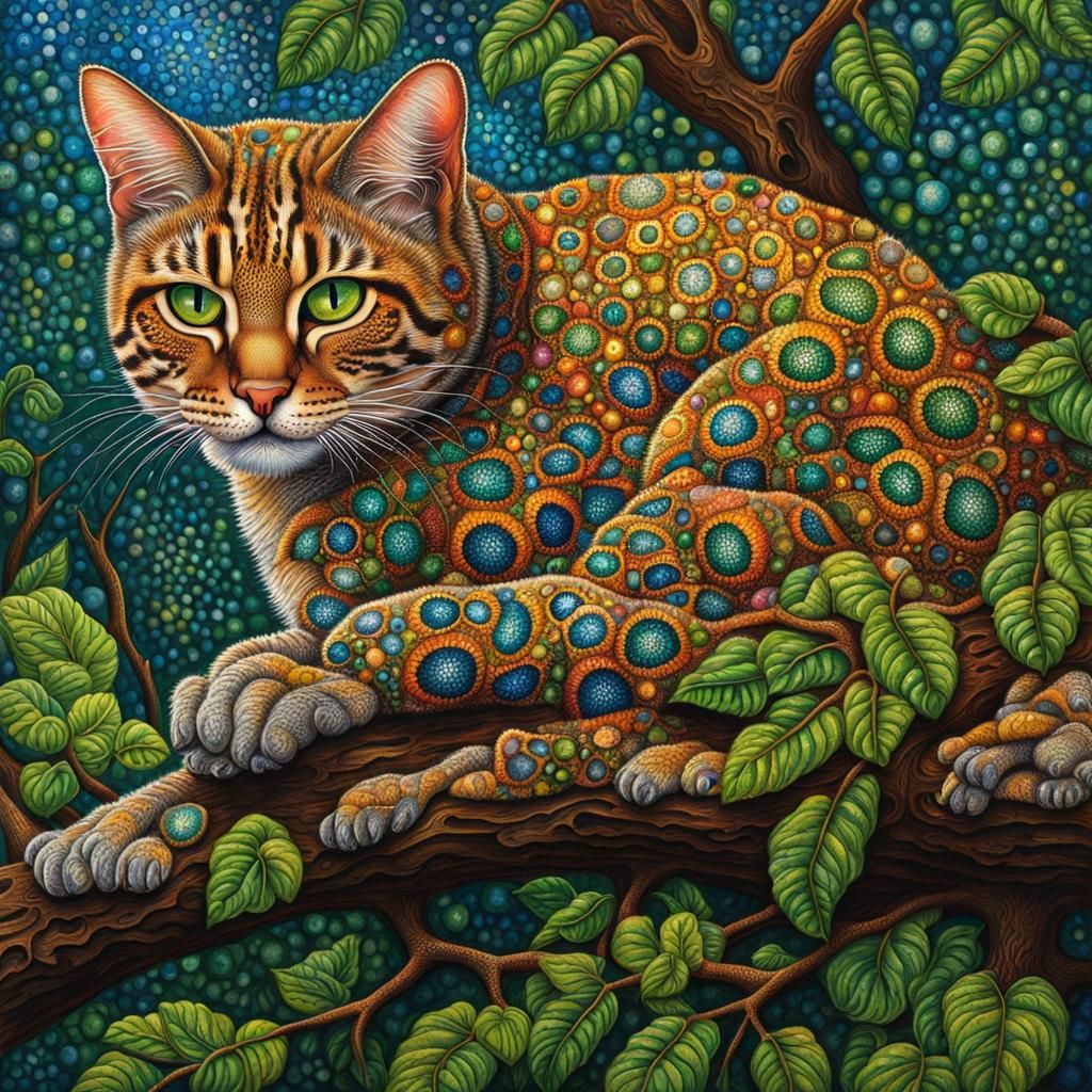 Vibrant Mixed Media Portrait of a Cat in a Tree