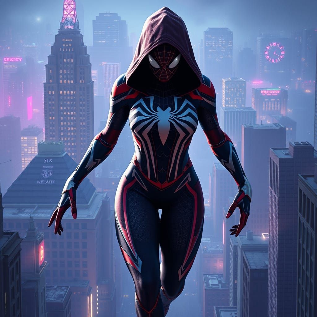 Giant Spider Gwen Strolls Through a Vibrant City in Cyberpun...