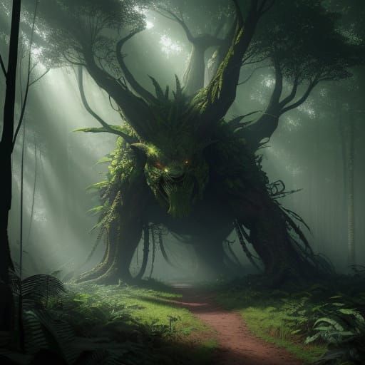 Surreal Jungle God Emerges from Verdant Landscape in Cyberpu...