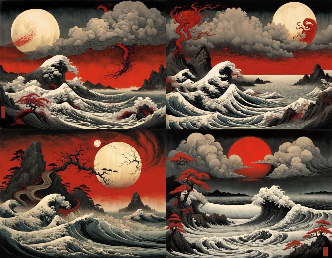 Surreal Ukiyo-e Typhoon with Tentacle Waves
