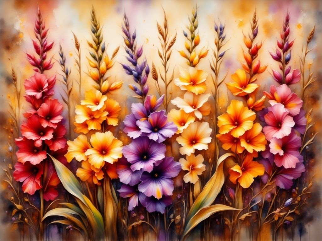 Surreal Watercolor Gladiolos in a Grunge Landscape