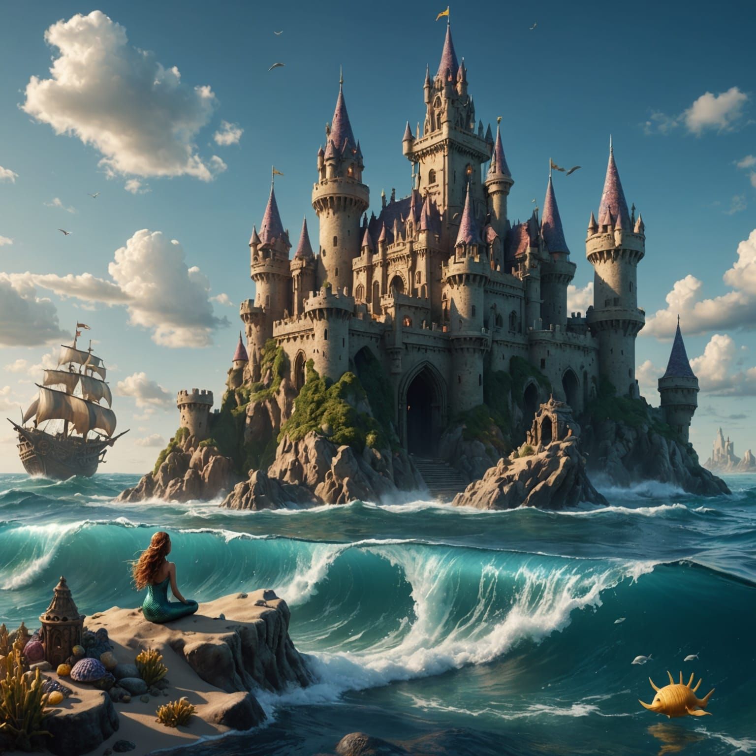 Mermaid Among Waves and Wonders in a Vibrant Oceanic Realm