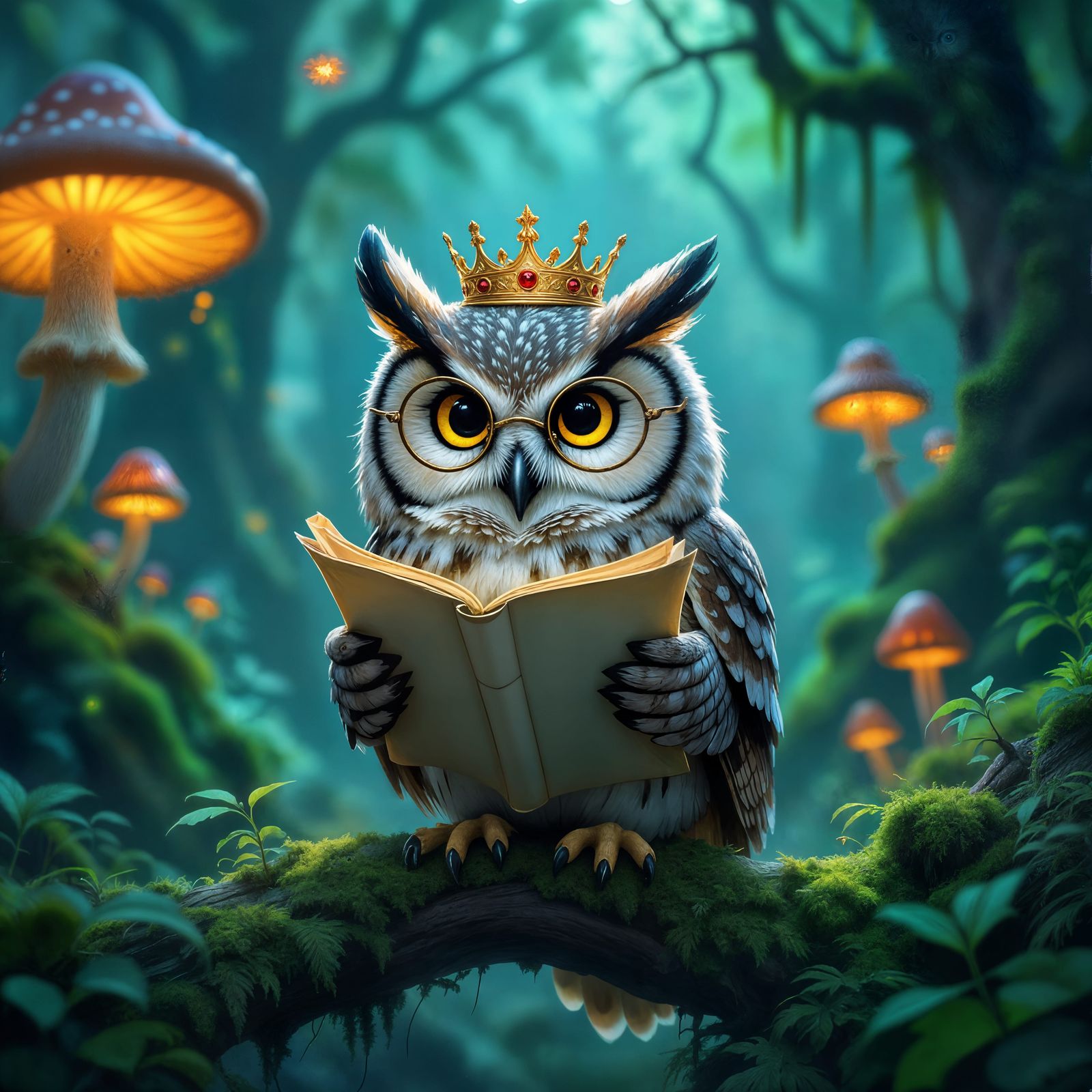 Regal Owl Reads Scroll in Enchanted Forest