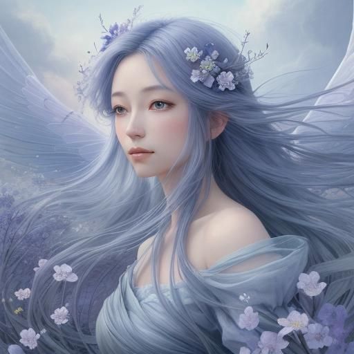 Ethereal Indigo Fairy in a Dreamy, Monochromatic Landscape