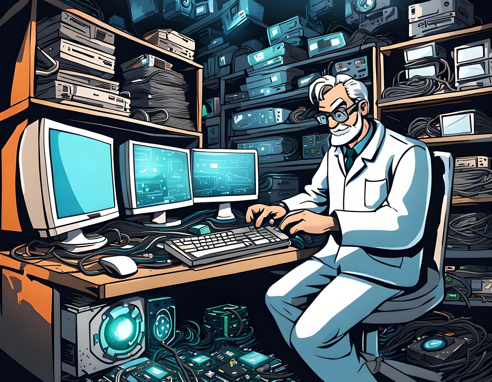 Epic Hand-Drawn Illustration of Tech Genius in Underground L...