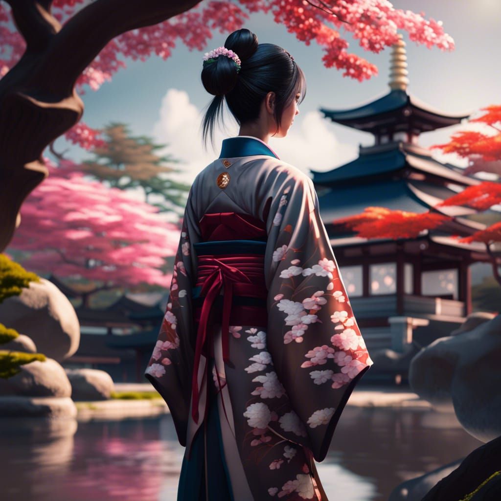 A Serene Japanese Garden Scene in Vibrant Colors