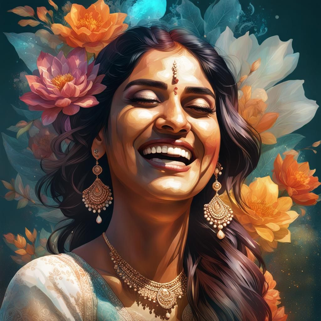 Ethereal Indian Beauty Radiates Joy in Vibrant Floral Atmosp...