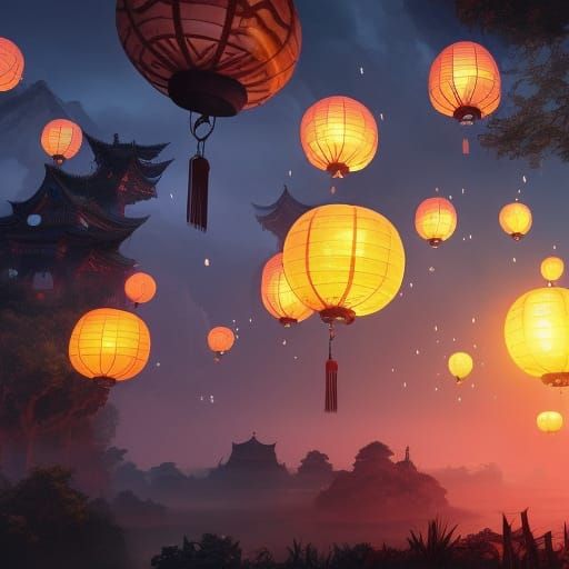 Flying Chinese Lanterns in Detailed Digital Painting
