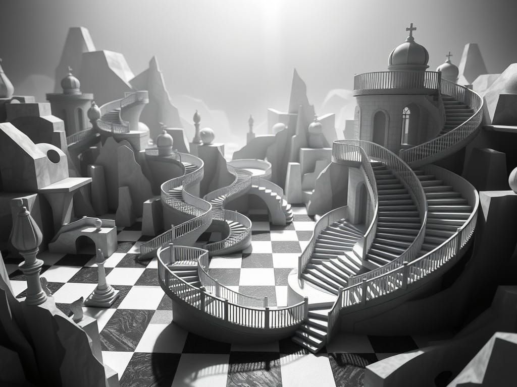 Surreal Chessboard Landscape in Escher-Inspired Architectura...
