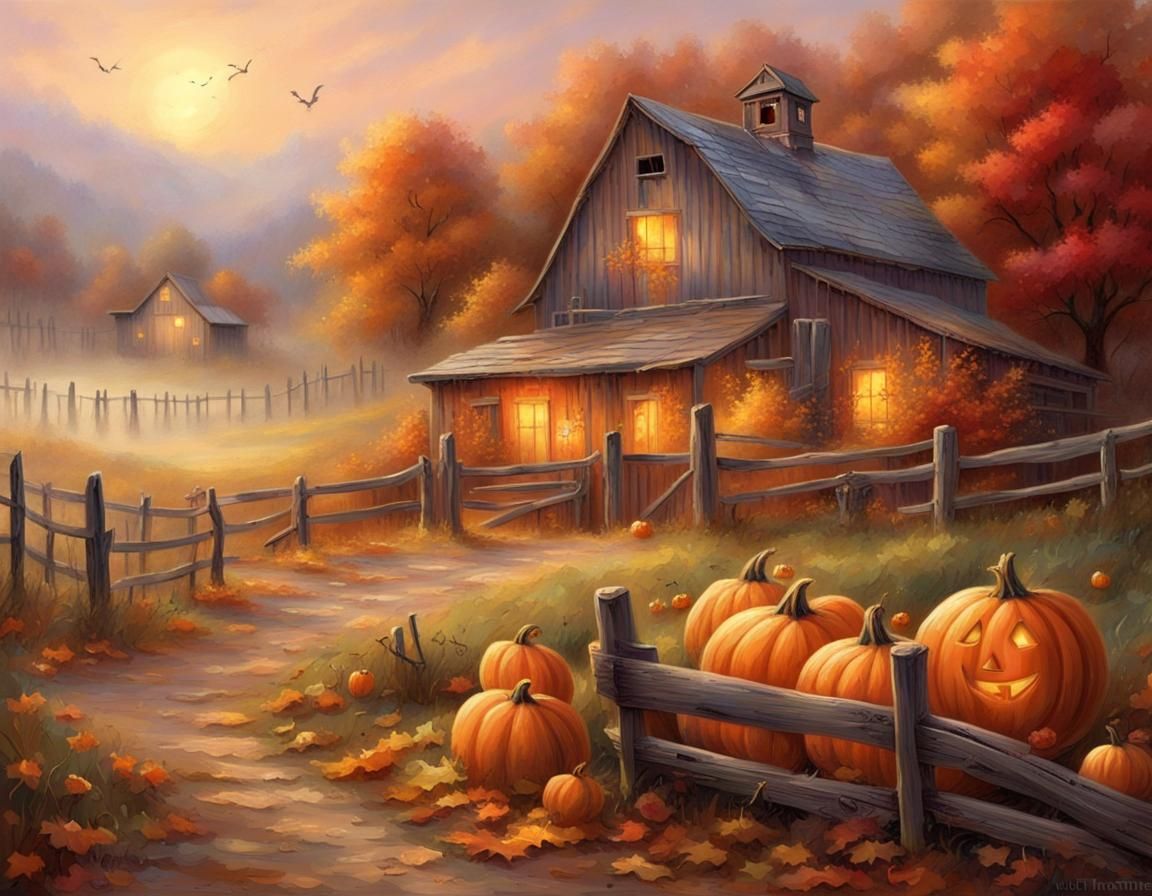 Romantic Autumn Barn Scene in Whimsical Style