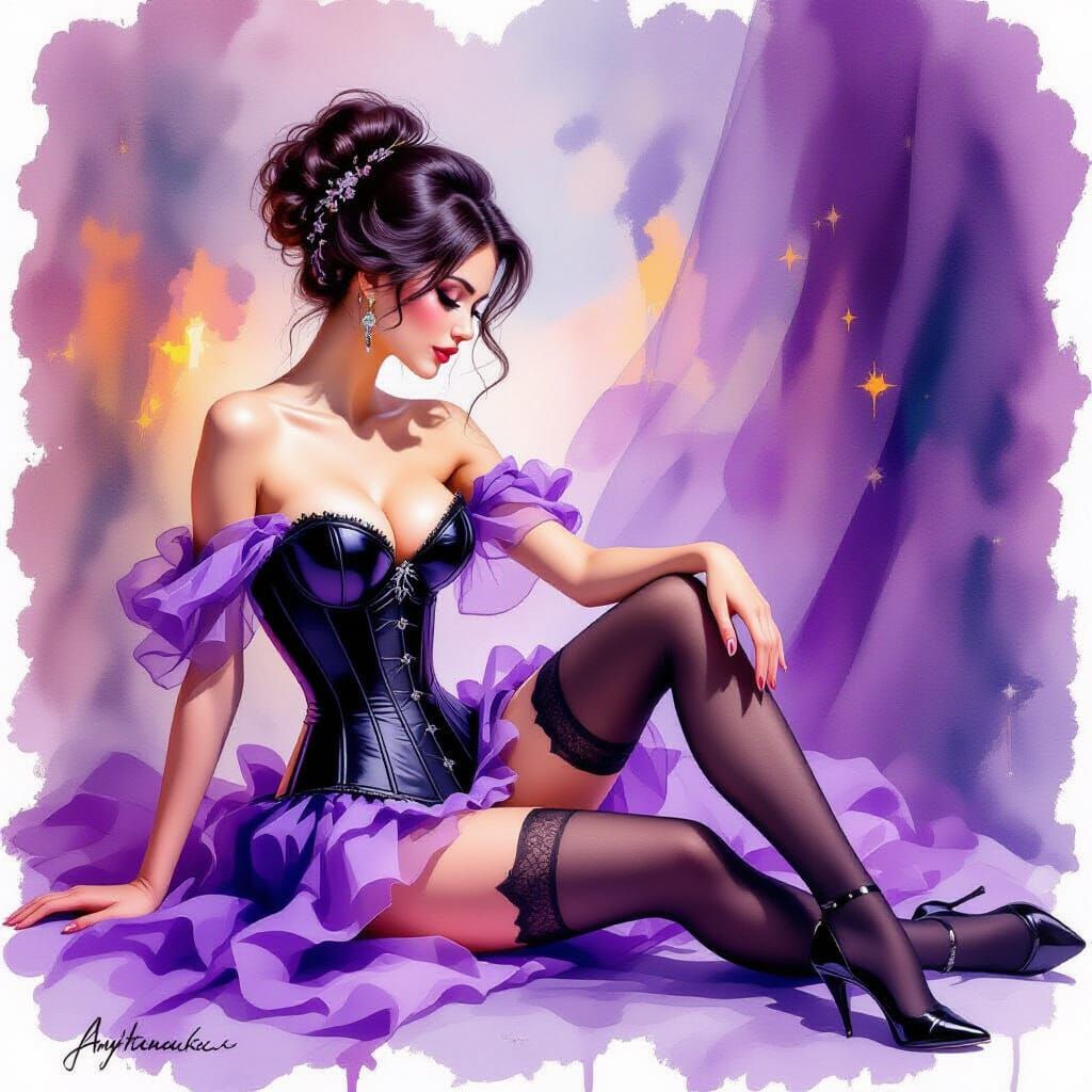 Elegant Woman in Corset, Watercolor Graffiti Art