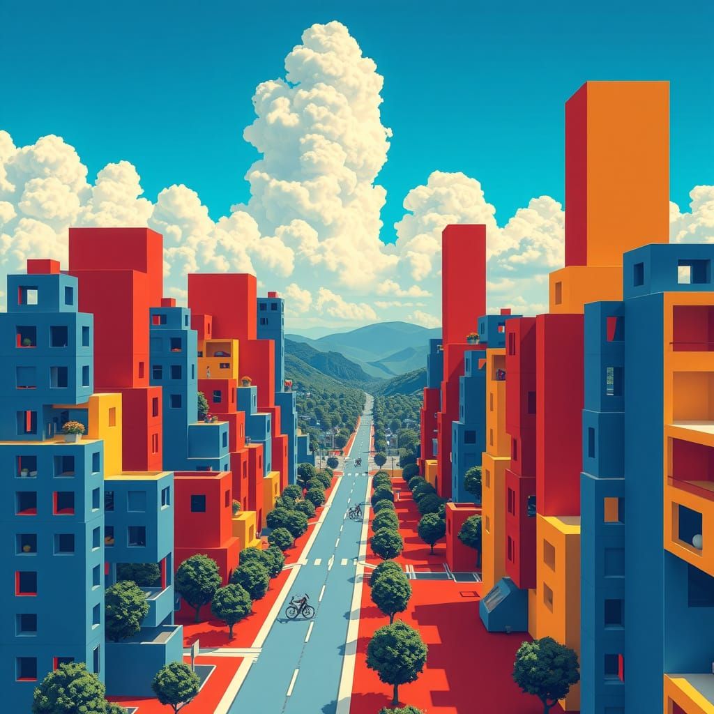 Surrealist Cityscape in Geometric Harmony