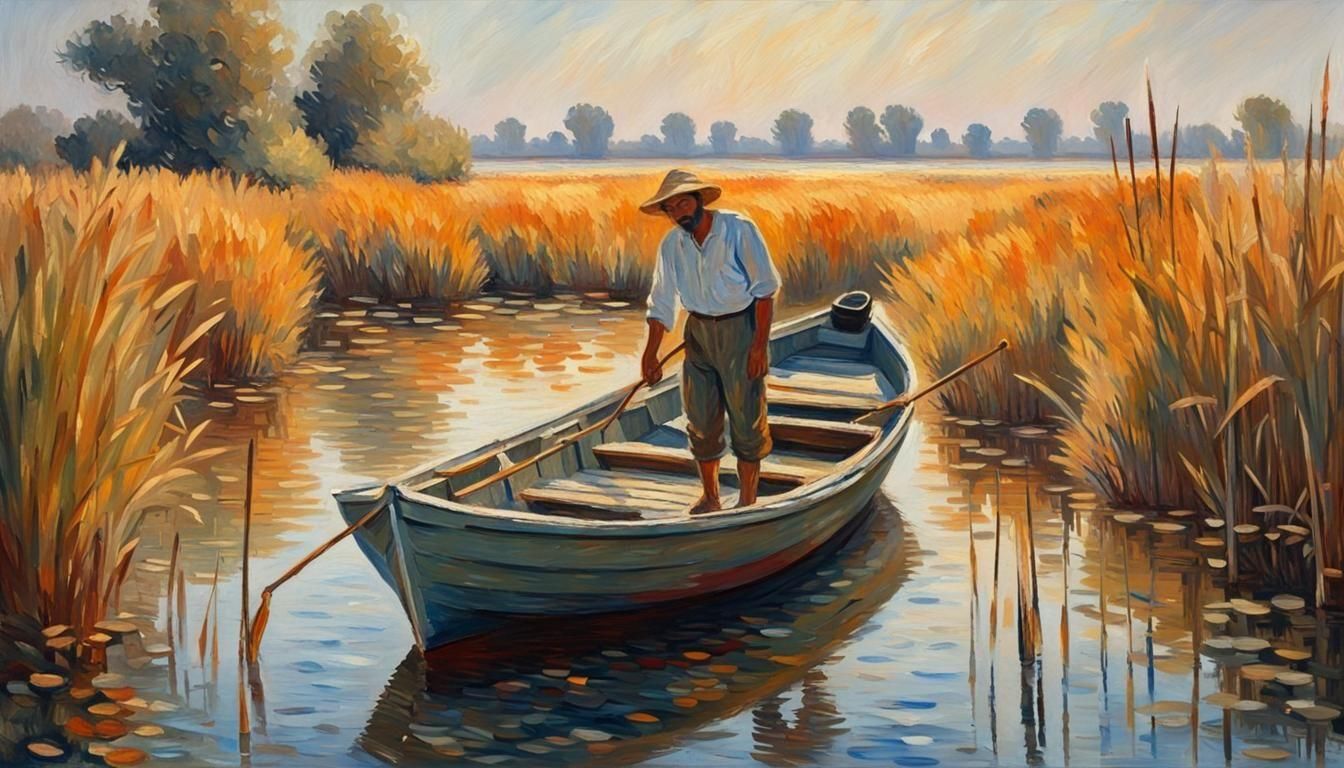 Fisherman's Serene Slumber in a Monet-Inspired Landscape