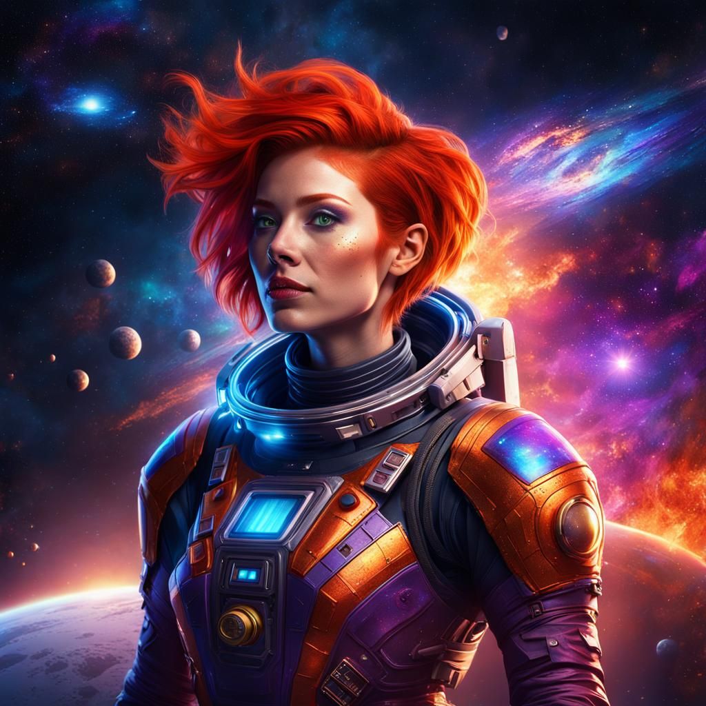 Young Red-Haired Space Explorer in Vibrant Galactic Landscap...