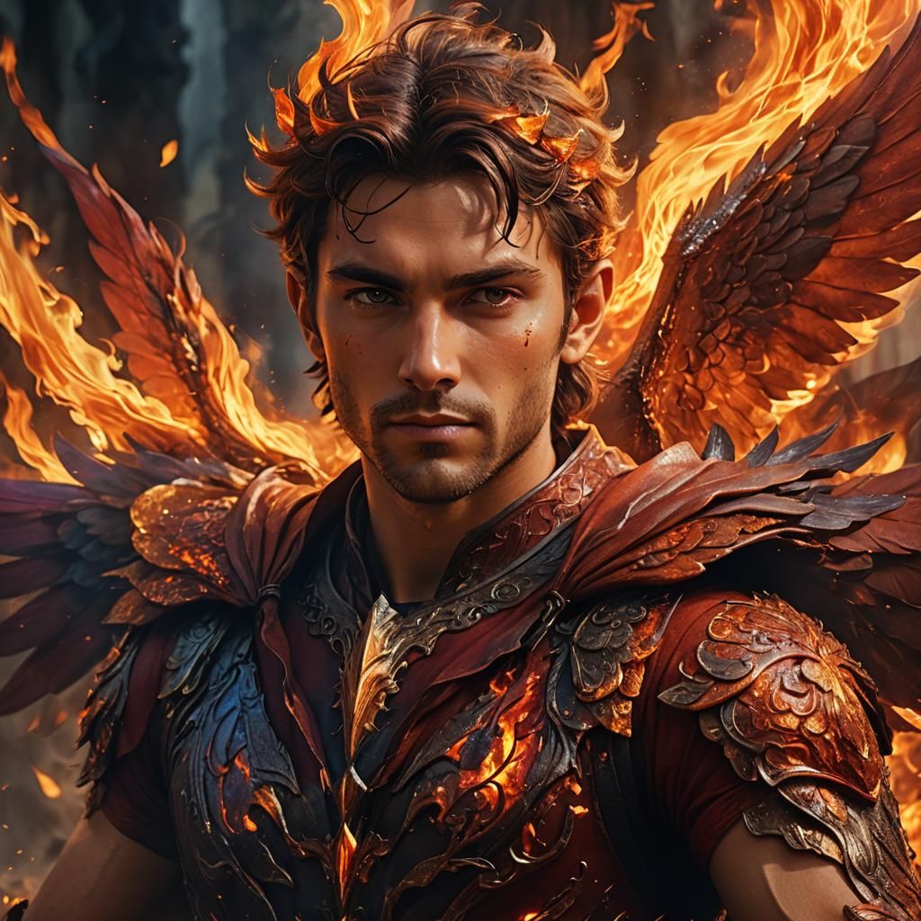 Handsome Fire Fairy with Iridescent Wings in Warm, Vibrant H...