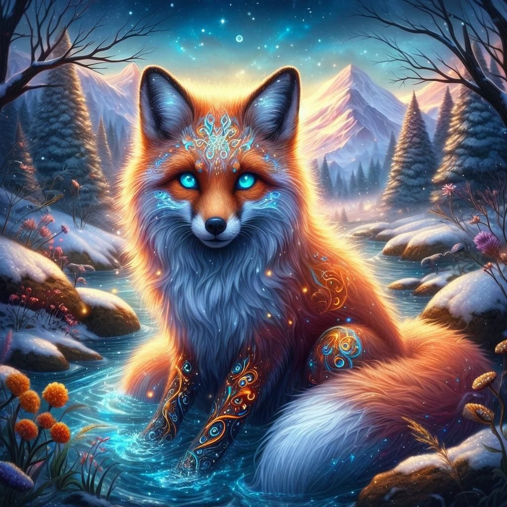 Surrealistic Fox in a Winter Wonderland with Glowing Tattoos...