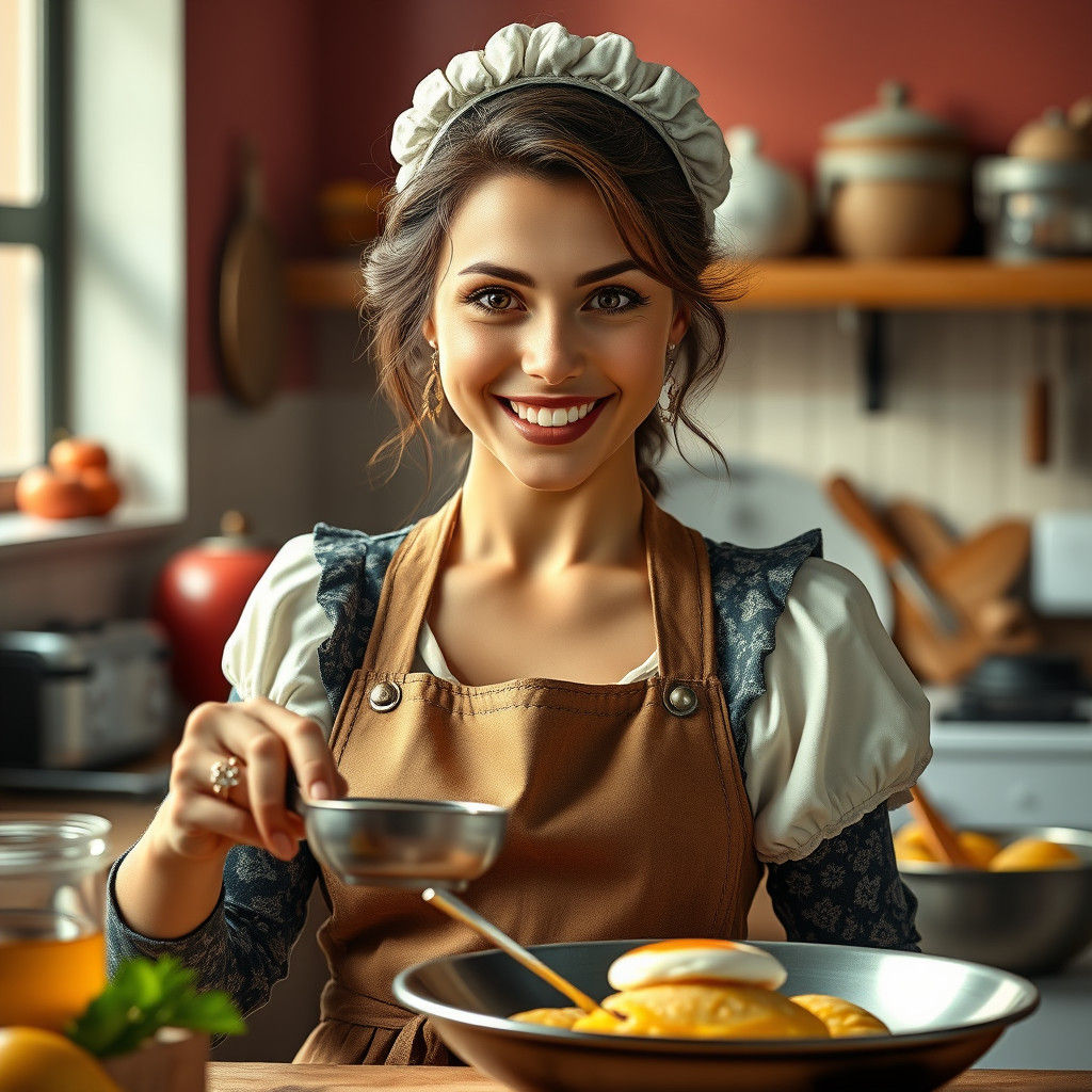 Hyperrealistic Tradwife in a Vibrant Kitchen Scene