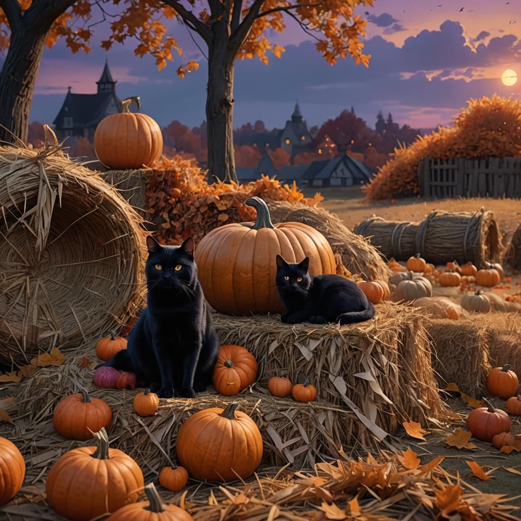 Golden Hour Cat on Pumpkin Wreath, Fantasy Art