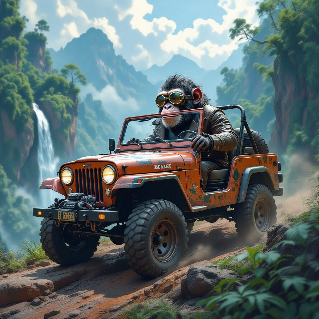 Chimp Drives Jeep Off Cliff in Matte Painting Style