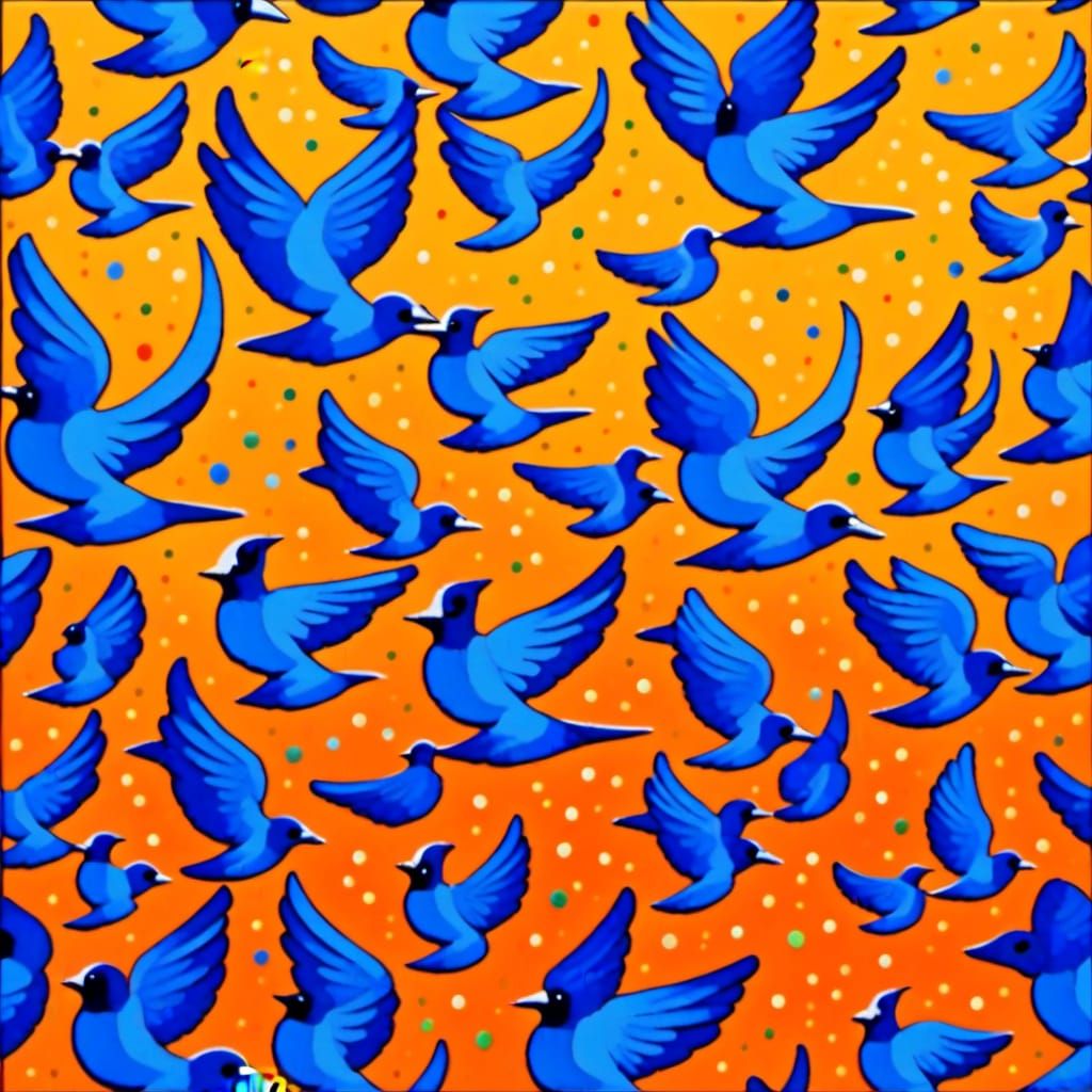 Dark Birds in Whirling Formation, Pointillism Style Painting