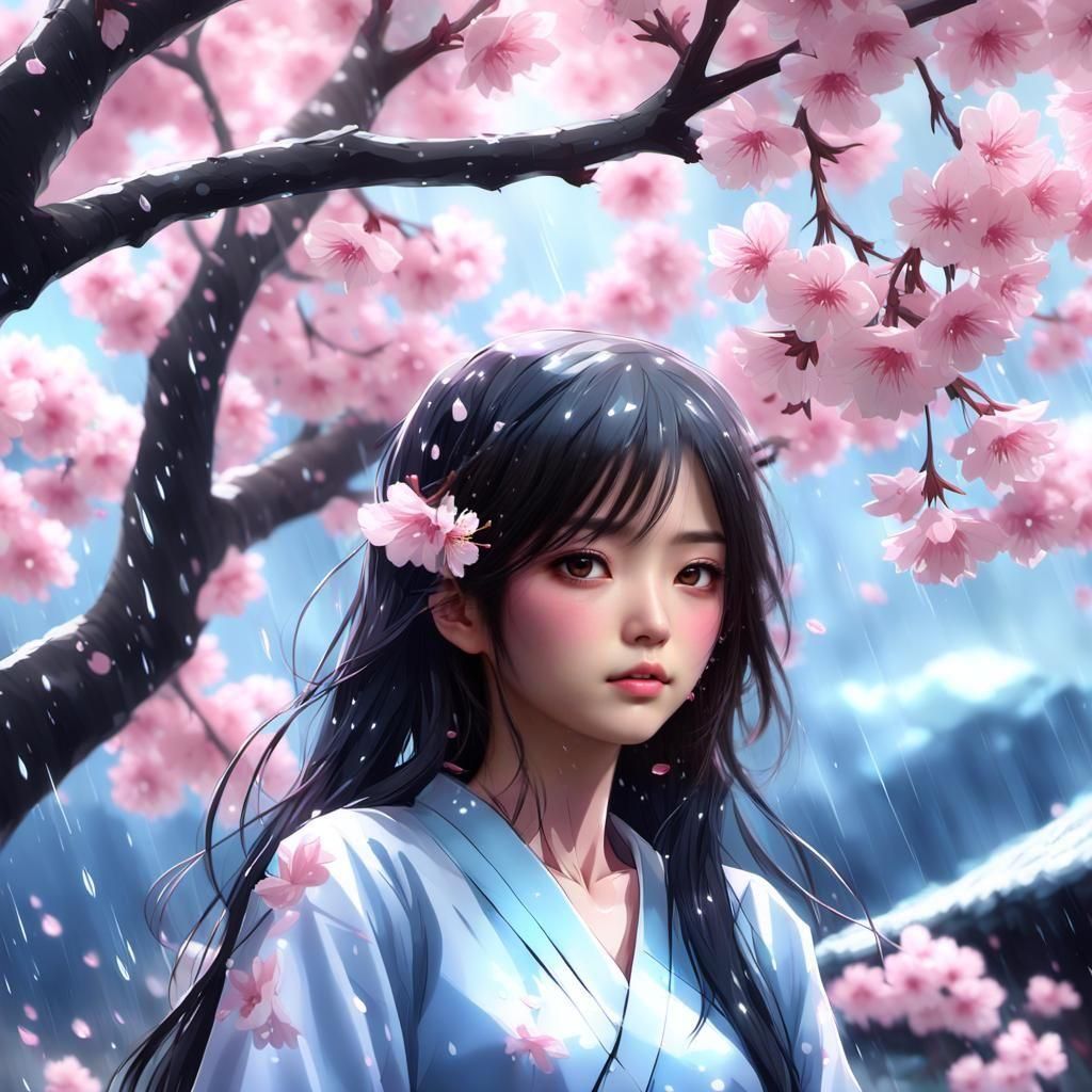 Vibrant Anime-Inspired Scene of Japanese Woman Under Cherry....