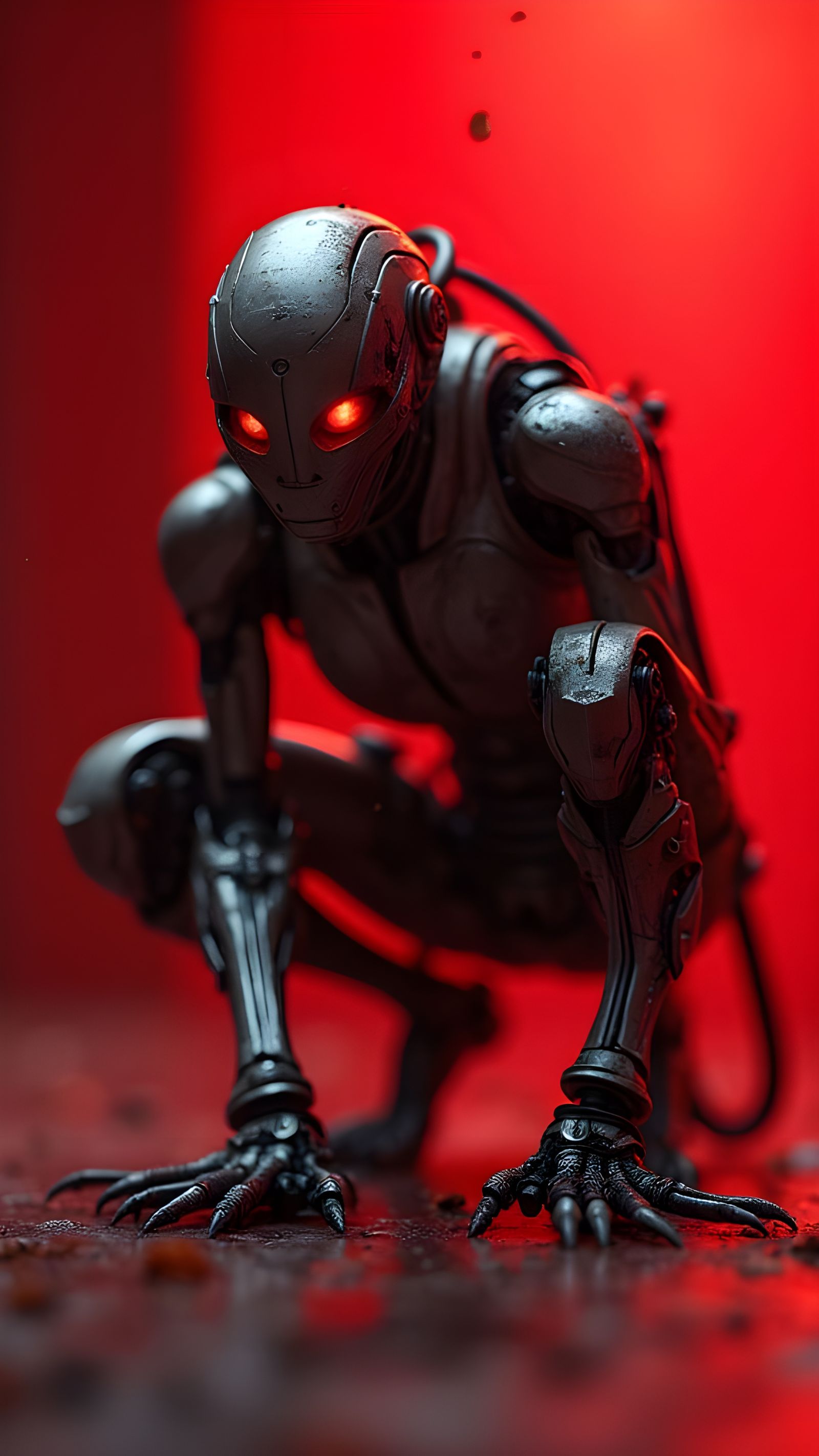 Biomechanical Being in Crimson Void, Cinematic Precision