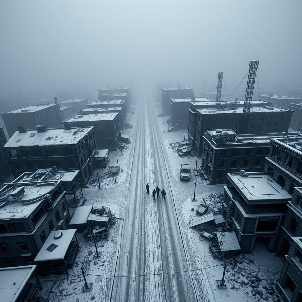 Shattered Stalingrad Cityscape in Gray Fog