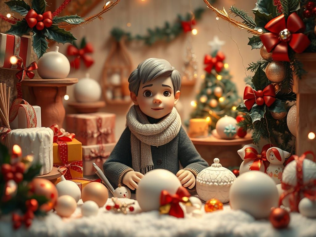 Whimsical Christmas Scene with Modeling Clay and Holly