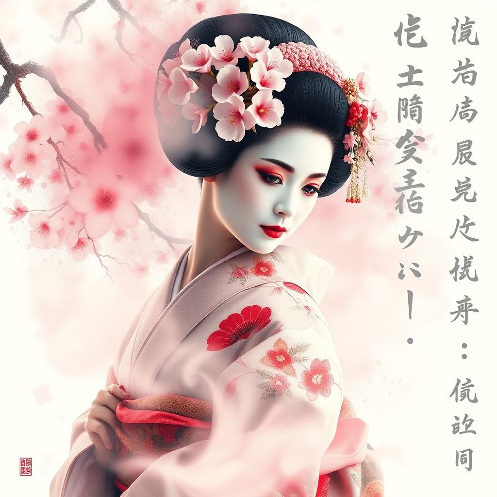 Ethereal Geisha amidst Whirling Mist in Soft Watercolour