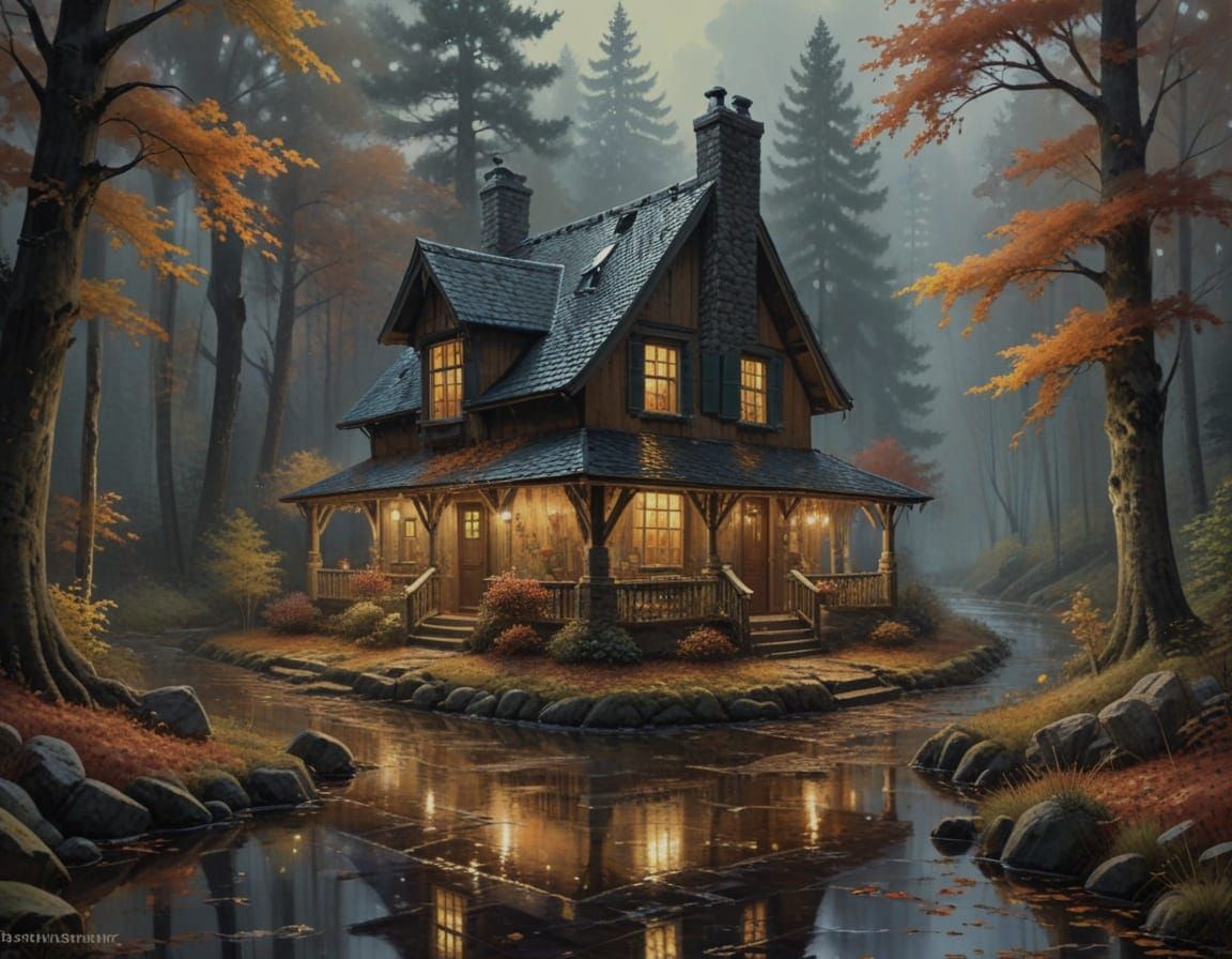 Whimsical Autumn Cottage in a Drizzling Forest