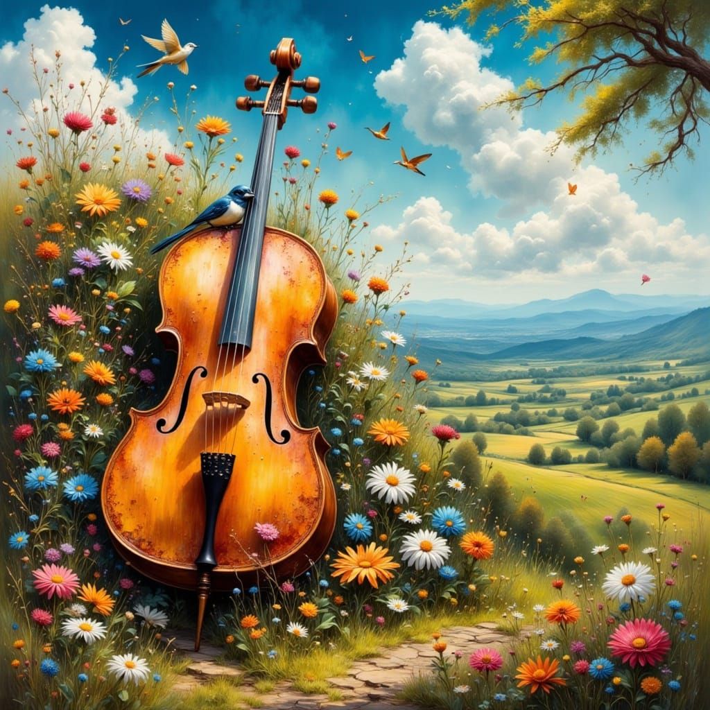 Ornate Cello in Dreamy Gouache Garden