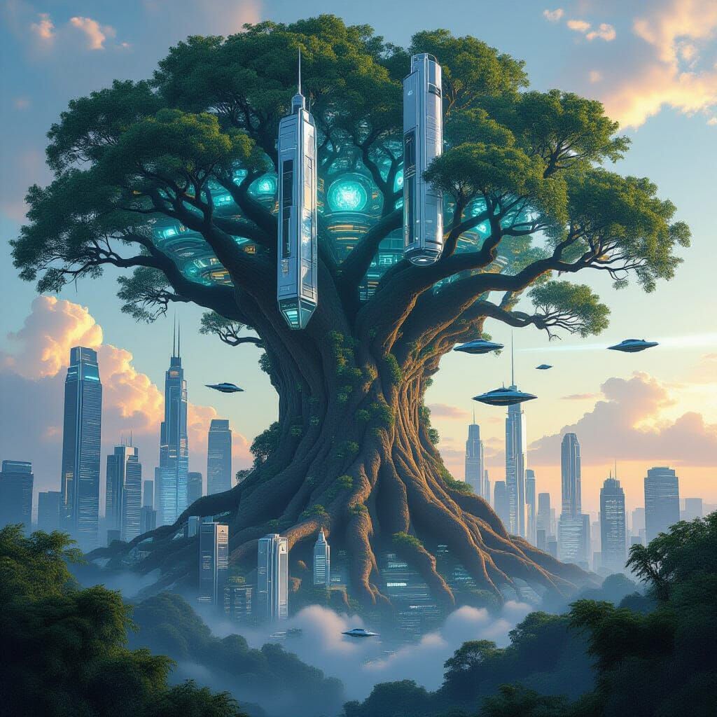 Futuristic City in Ancient Tree Canopy: Digital Matte Painti...