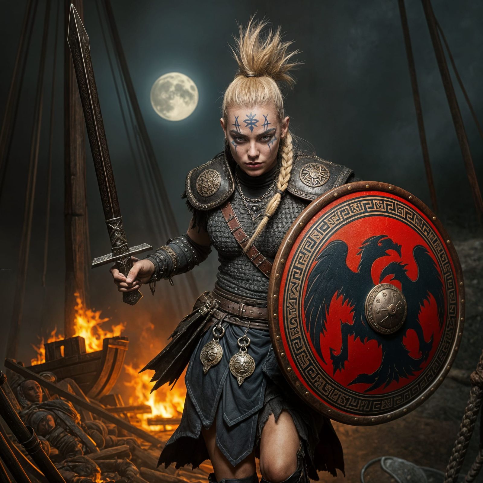 Viking Shieldmaiden with Runes and Bloodied Sword