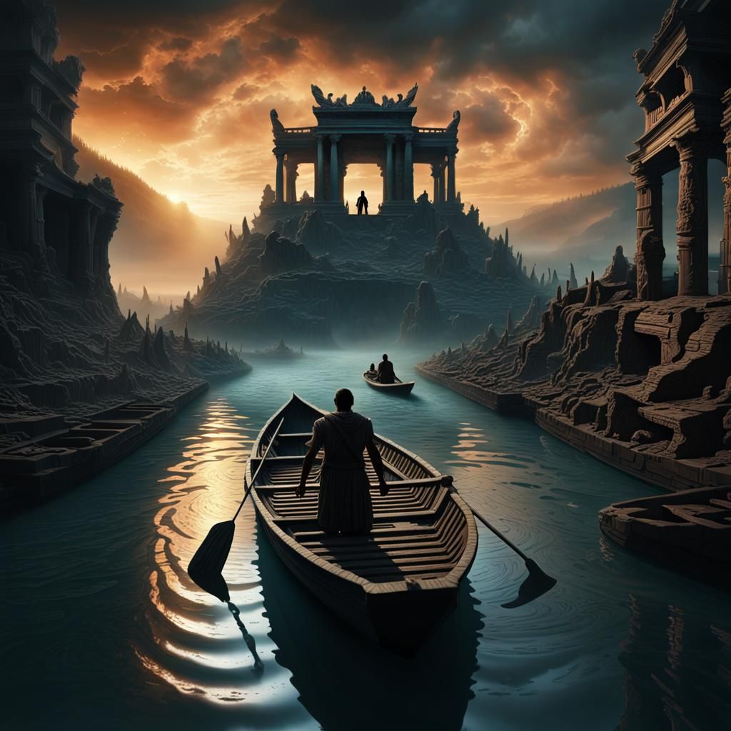 Silhouette of Ferryman in a intricately detailed skiff, tran...