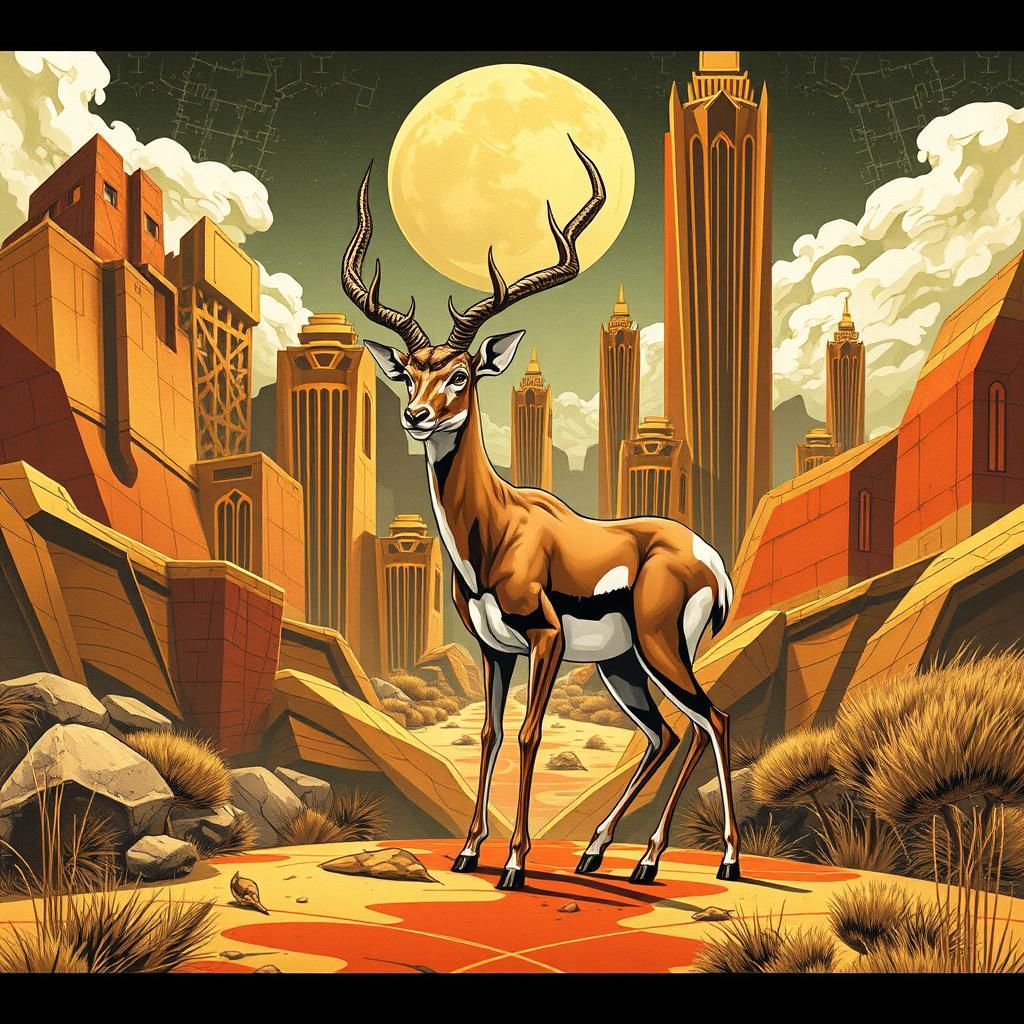 Majestic Art Deco Pronghorn in Luxurious Geometric Landscape
