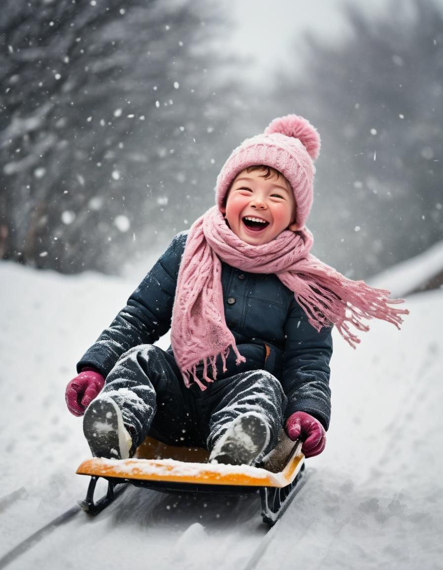 A Joyful Winter Scene with a Young Boy Speeding Down a Snowy...