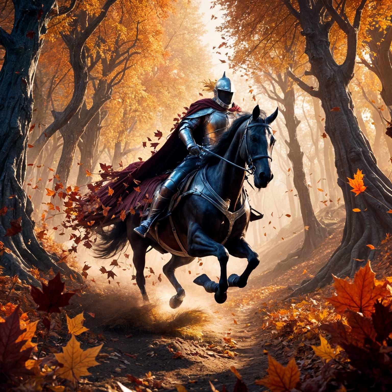 A Knight Chased by Swirling Autumn Leaves in a Dense Forest