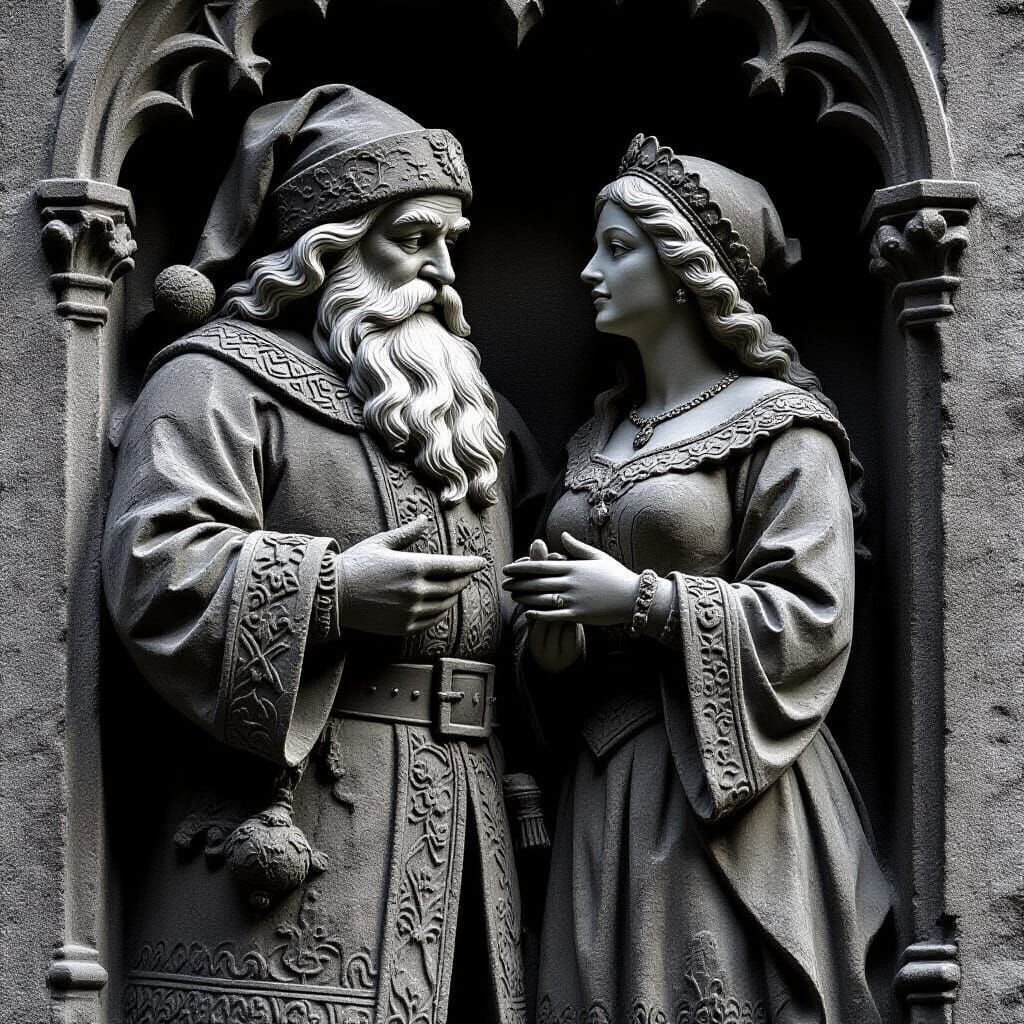 Gothic Stone Carving: Father Christmas and Wife in Chiaroscu...