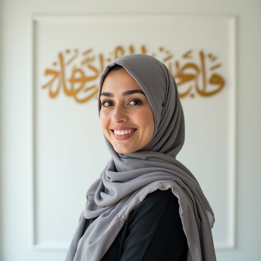 Elegant Portrait with Arabic Calligraphy Backdrop