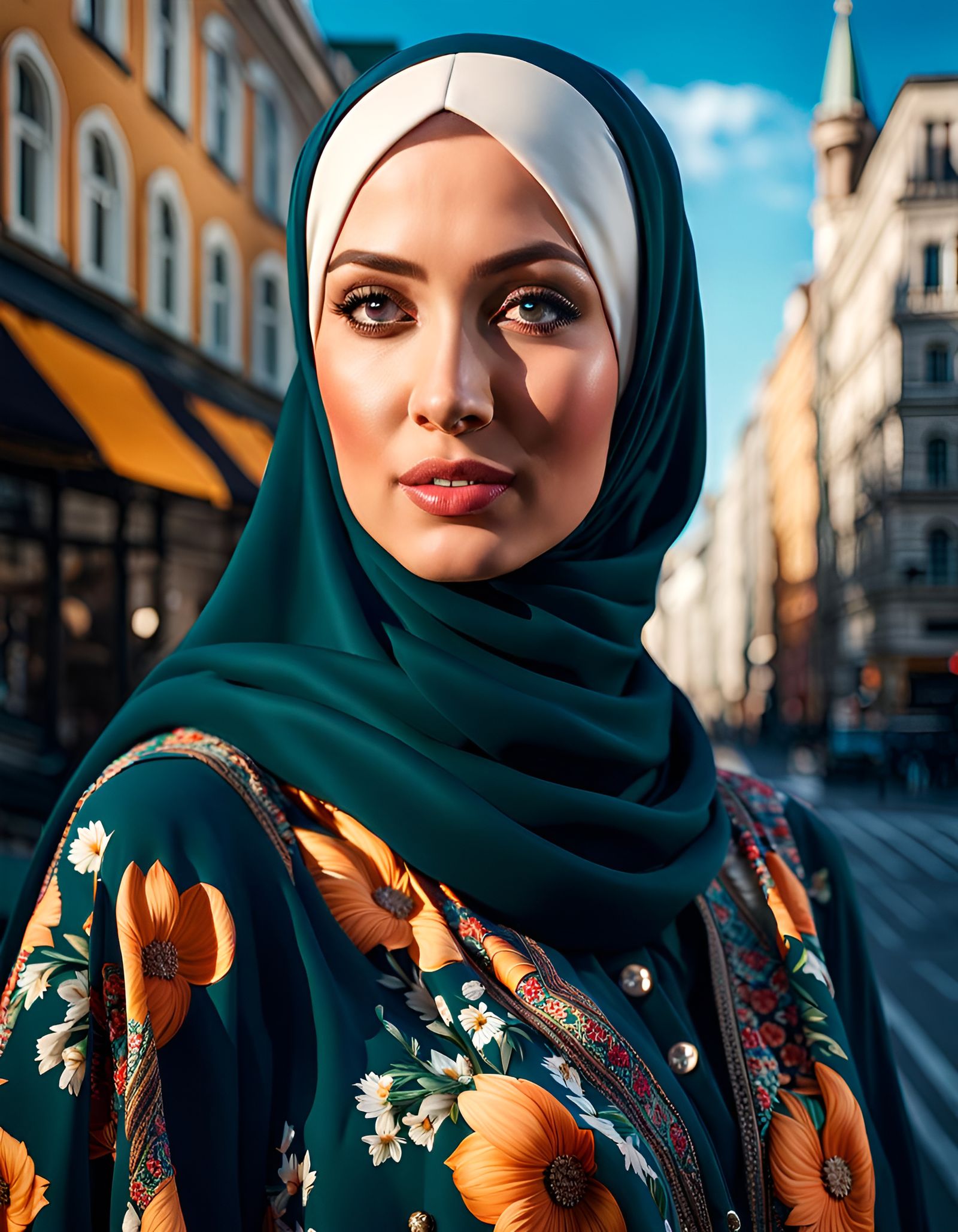 Surreal German Hijabi Woman Stepping into a Vibrant City