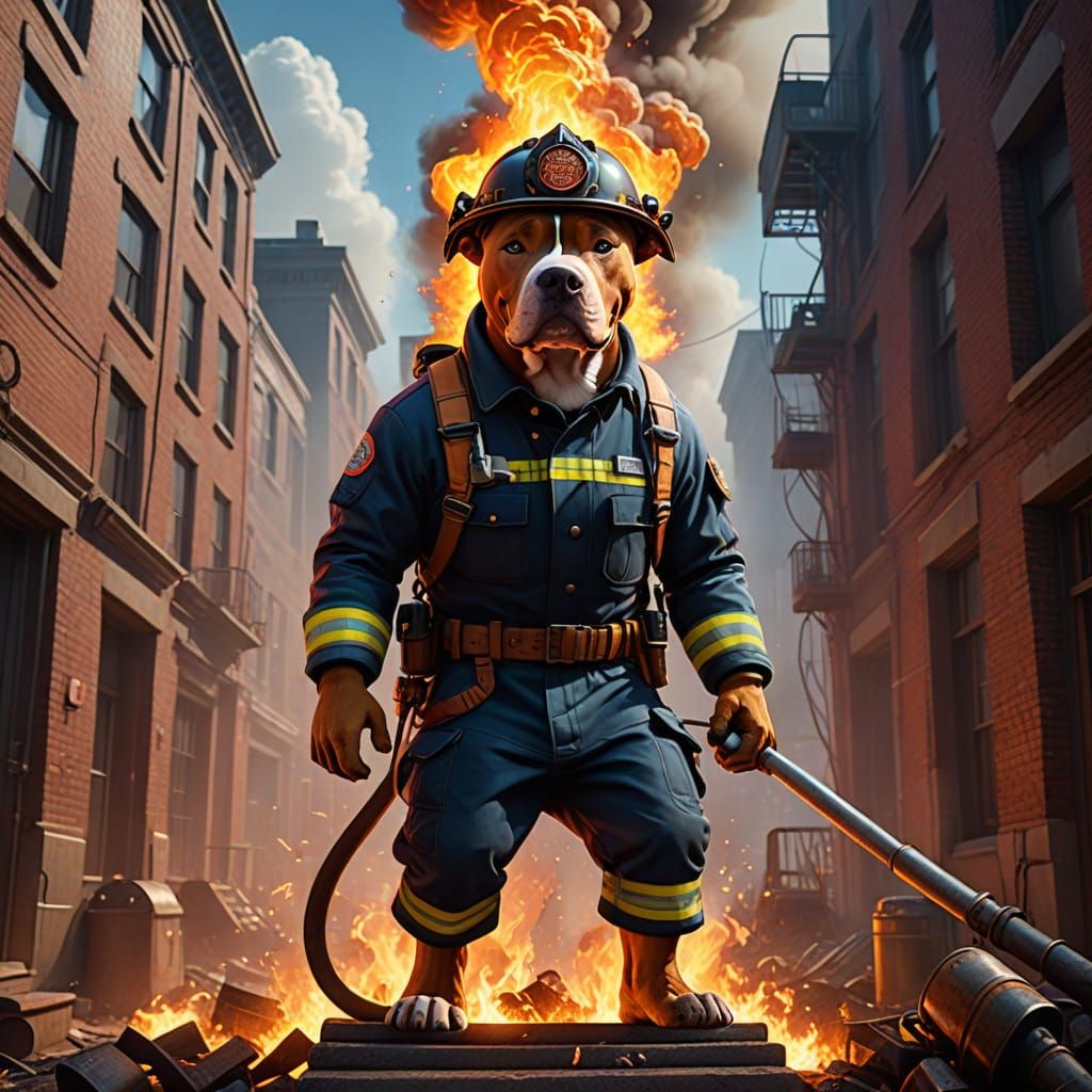 Cyberpunk Fire Pitbull Hero Climbs Blazing Skyscraper