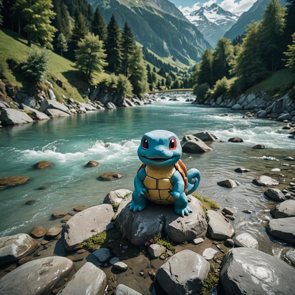 Vibrant Swiss Alps Scene with Hyper Realistic Squirtle